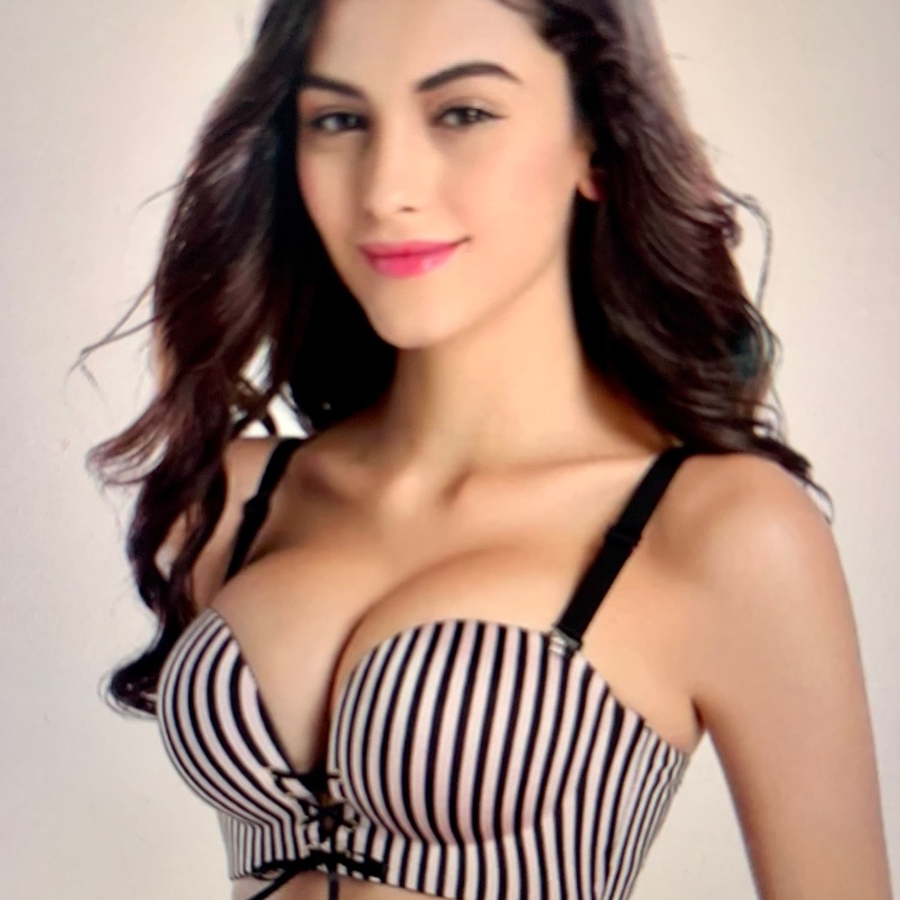 Pink & black striped, padded push-up bra